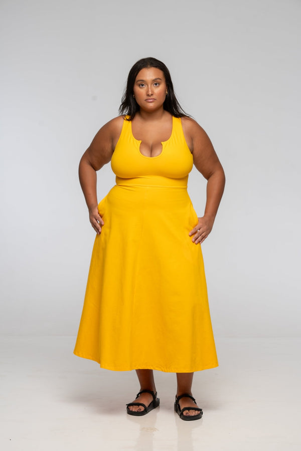 U Front Midi A - line Dress in Mango - Manners London