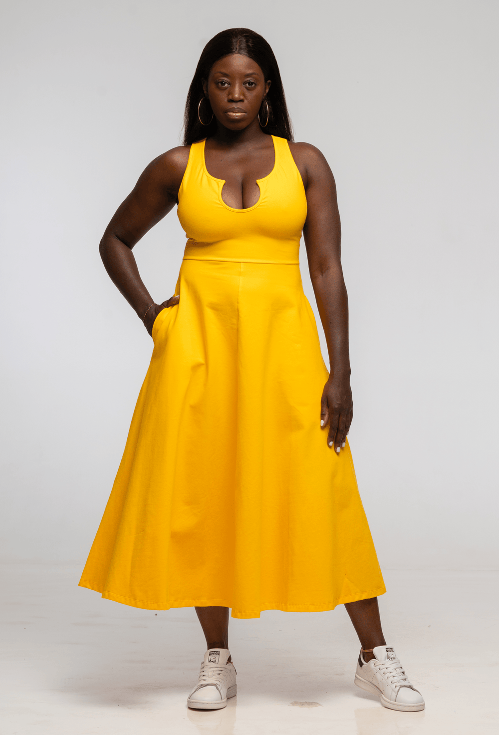 U Front Midi A - line Dress in Mango - Manners London
