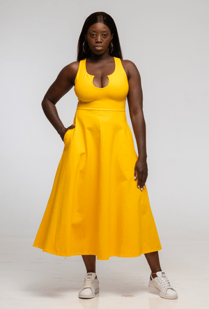 U Front Midi A - line Dress in Mango - Manners London