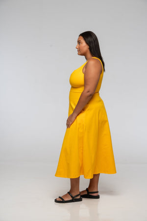 U Front Midi A - line Dress in Mango - Manners London