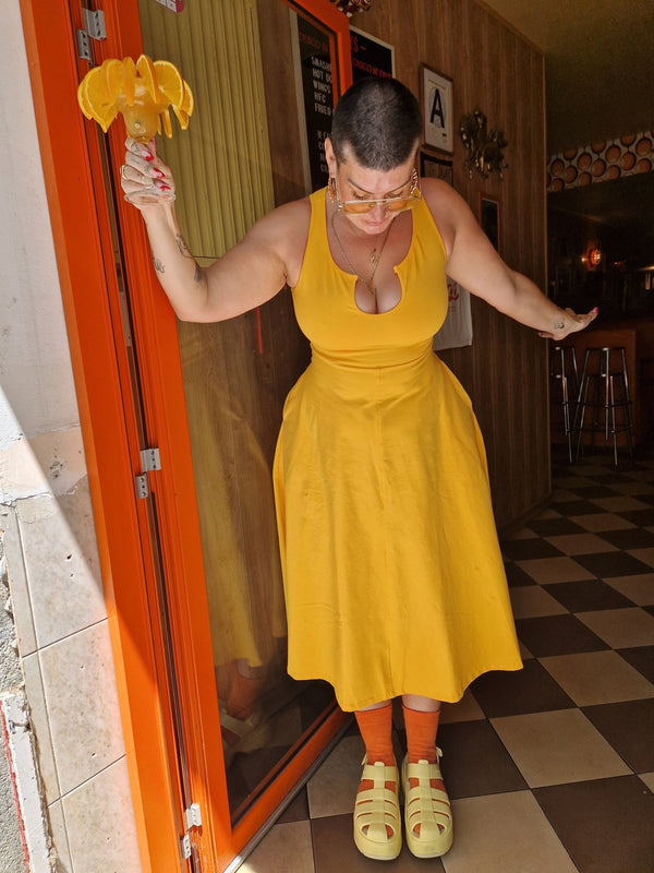 U Front Midi A - line Dress in Mango - Manners London