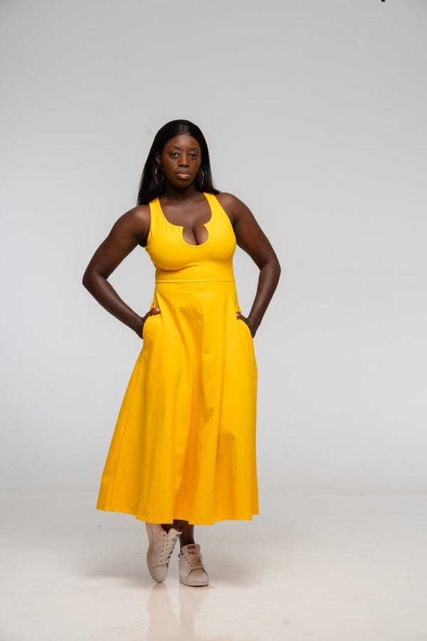 U Front Midi A - line Dress in Mango - Manners London