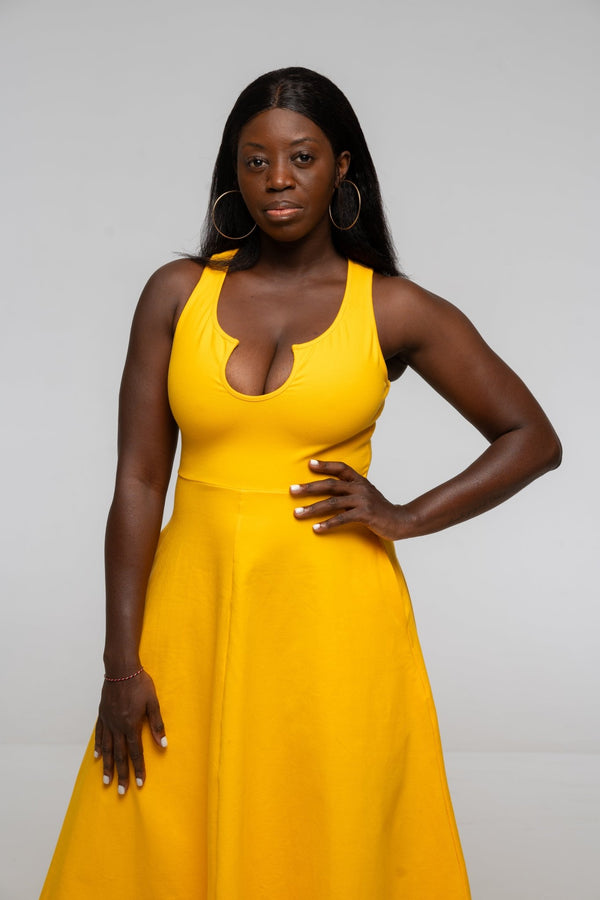 U Front Midi A - line Dress in Mango - Manners London