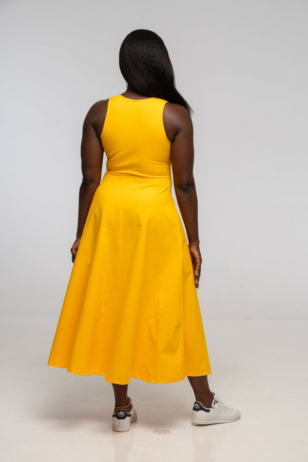 U Front Midi A - line Dress in Mango - Manners London
