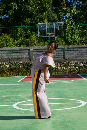 Wide Leg Trackie Trousers in Dust with Mango and Cafe stripes - Manners London