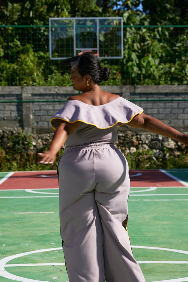 Wide Leg Trackie Trousers in Dust with Mango and Cafe stripes - Manners London