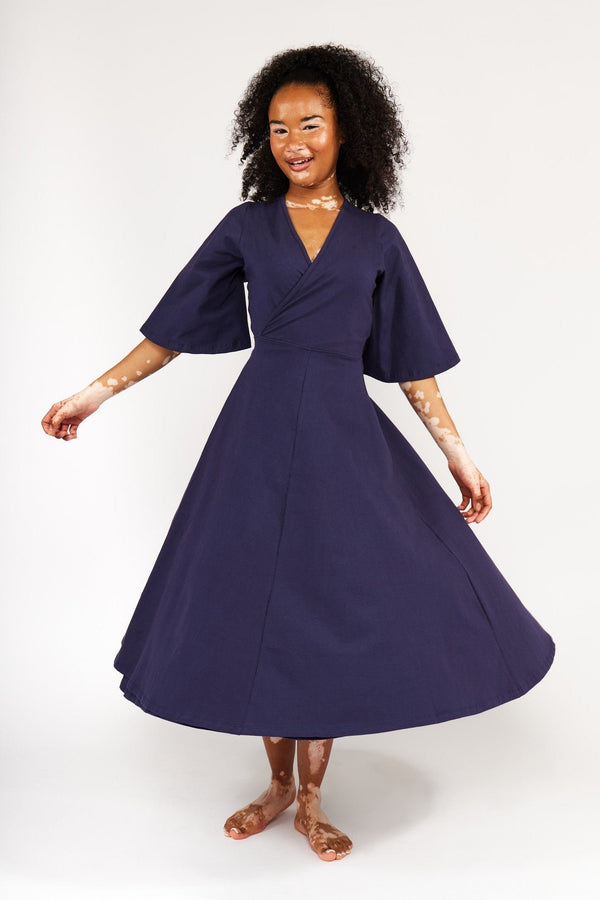 Wide Sleeve Wrap Midi Dress In Eclipse Limited Edition - Manners London