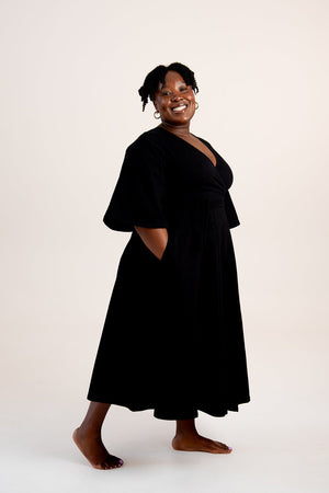 Wide Sleeves Wrap Midi Dress In Black - Manners London