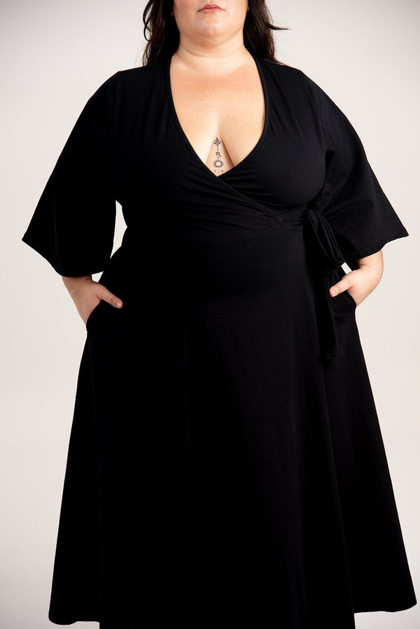 Wide Sleeves Wrap Midi Dress In Black - Manners London