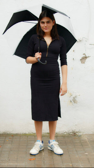 Zip Dress 3/4 Sleeve Midi Petite in Black - Manners London