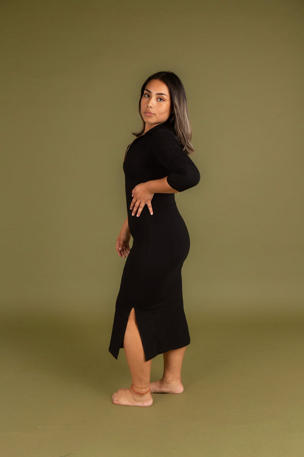 Zip Dress 3/4 Sleeve Midi Petite in Black - Manners London
