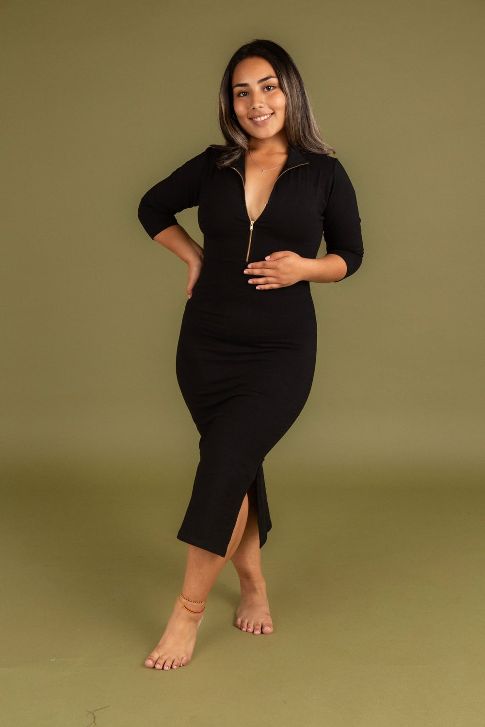 Zip Dress 3/4 Sleeve Midi Petite in Black - Manners London