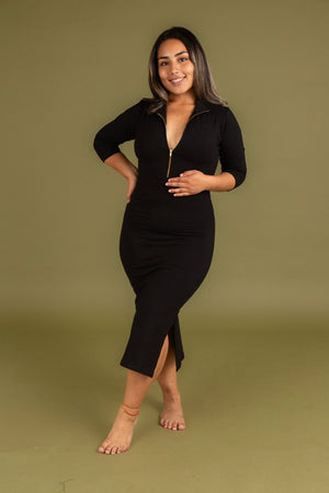 Zip Dress 3/4 Sleeve Midi Petite in Black - Manners London