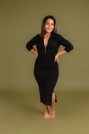 Zip Dress 3/4 Sleeve Midi Petite in Black - Manners London