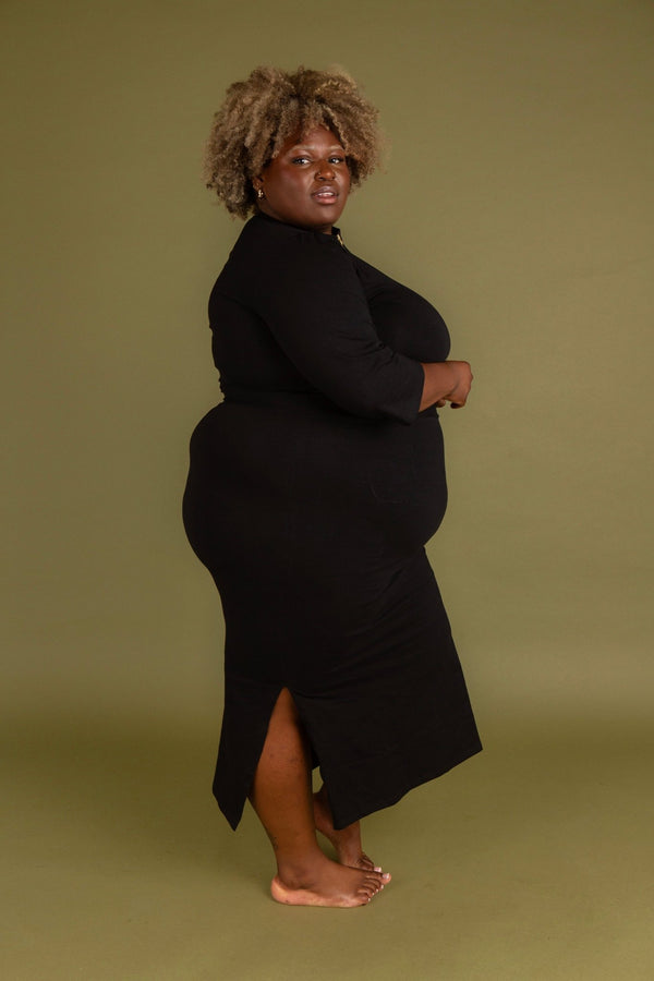 Zip Midi Dress 3/4 Sleeve in Black - Manners London