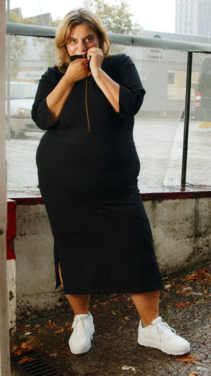 Zip Midi Dress 3/4 Sleeve in Black - Manners London