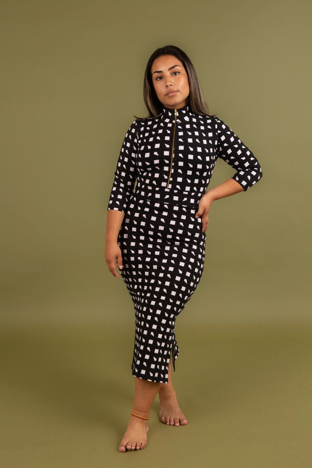 Zip Midi Dress 3/4 Sleeve Petite in Esk - Manners London