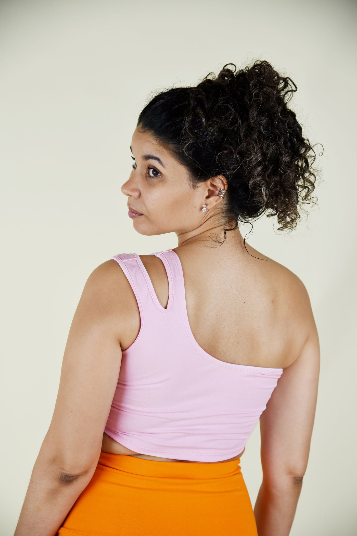 One Shoulder Cut Out Crop in Pastel Pink