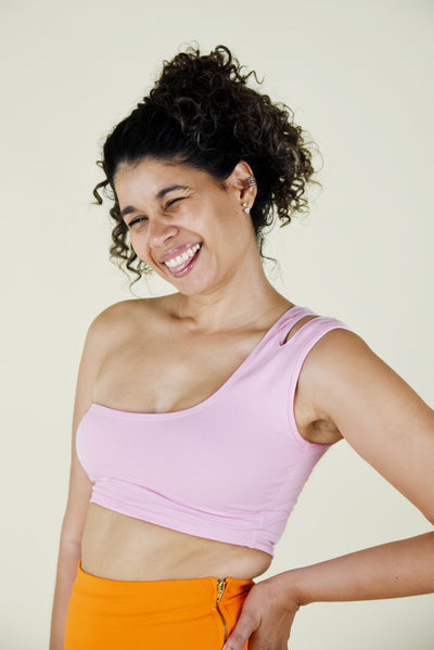 One Shoulder Cut Out Crop in Pastel Pink