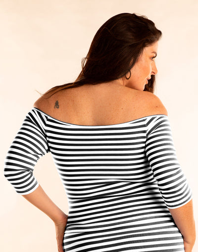 Bardot mid Crop Top in Black and White Stripe