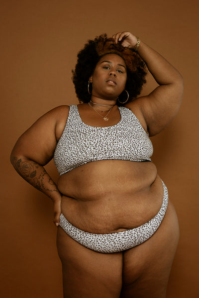 Bebee High Waisted Thong in White Leopard Print and Black