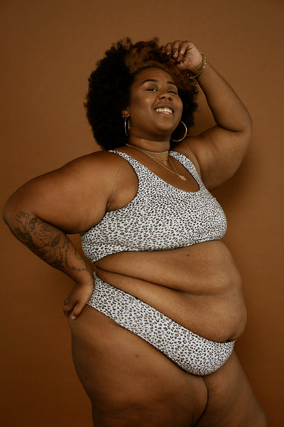 Bebee High Waisted Thong in White Leopard Print and Black
