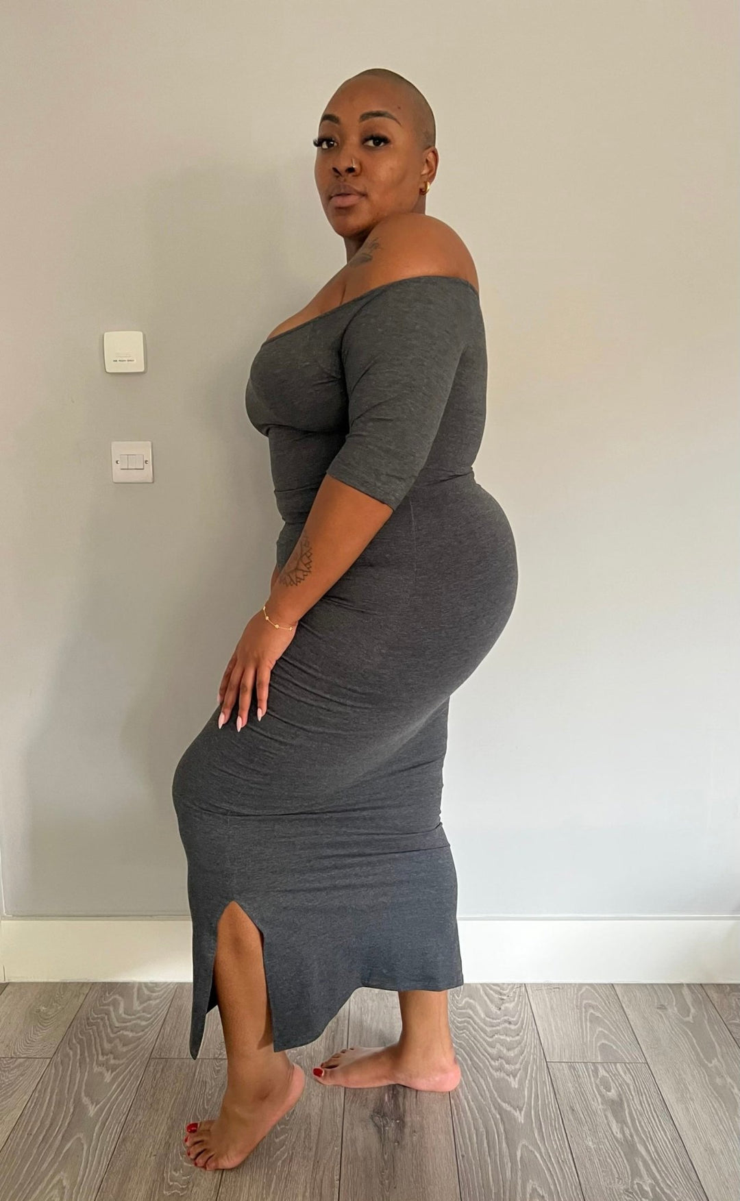 Baza Midi Dress 3/4 sleeve in Misty Grey - Manners London