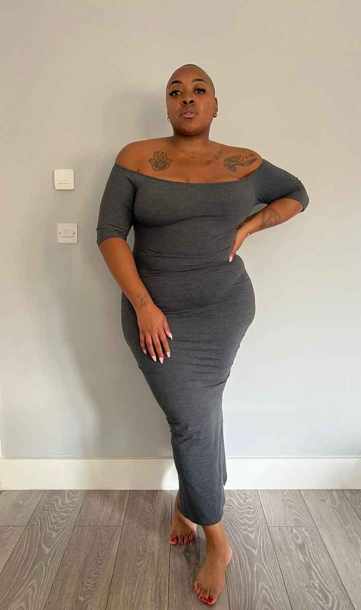 Baza Midi Dress 3/4 sleeve in Misty Grey - Manners London