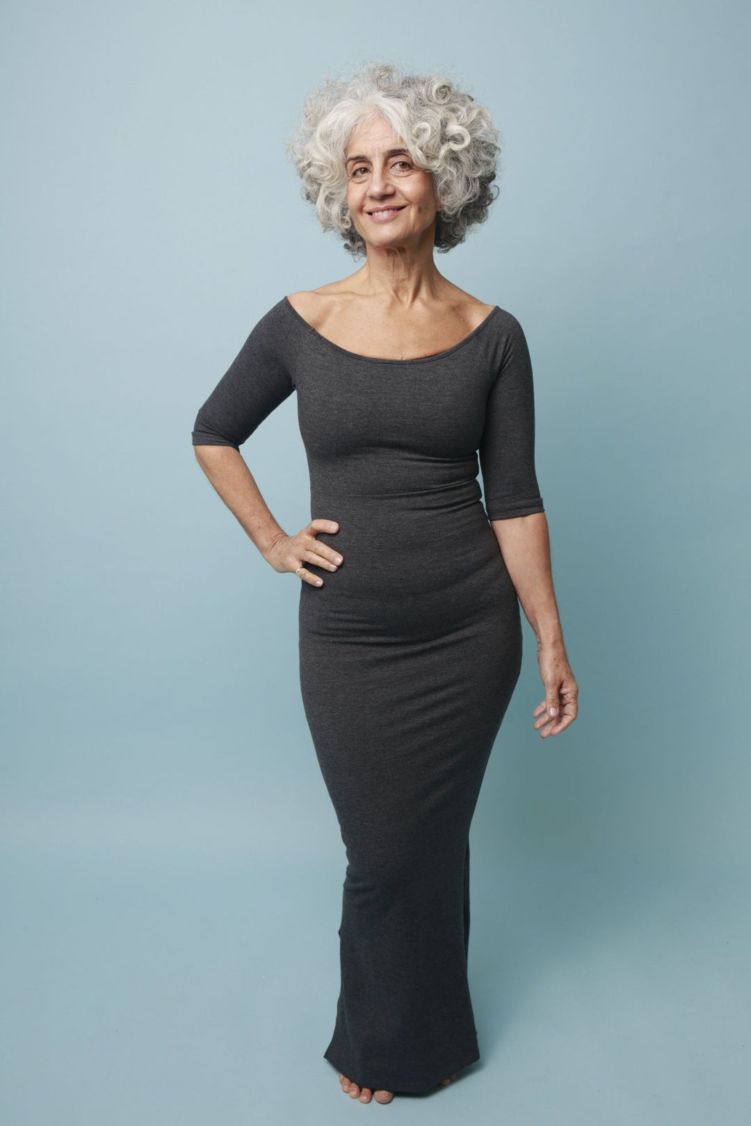 Baza Midi Dress 3/4 sleeve in Misty Grey - Manners London