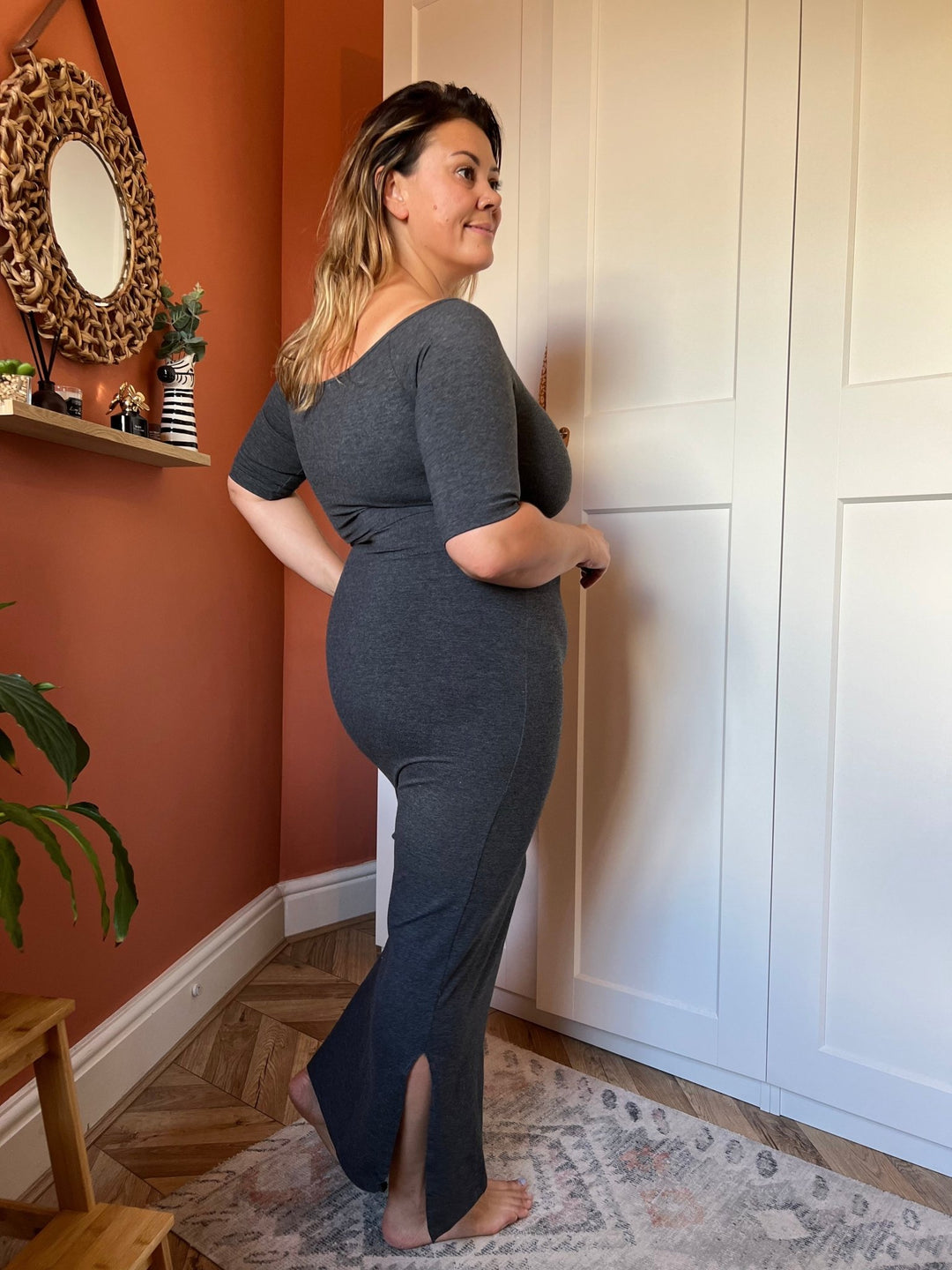 Baza Midi Dress 3/4 sleeve in Misty Grey - Manners London