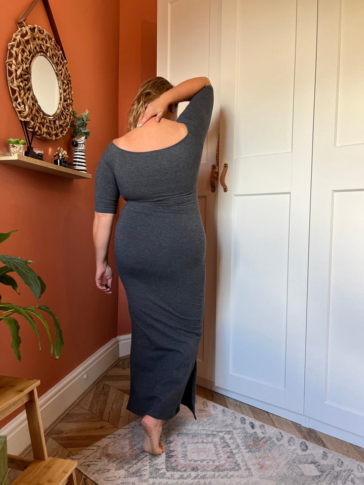 Baza Midi Dress 3/4 sleeve in Misty Grey - Manners London